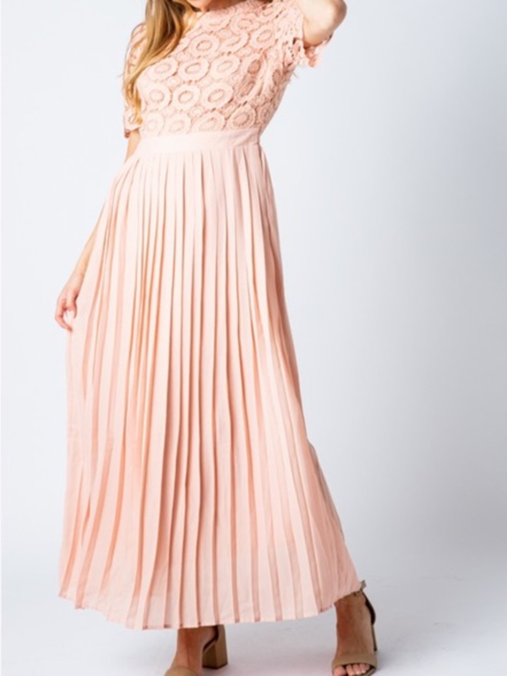 Bohme Eva Modest Pleated Maxi Peach Dress